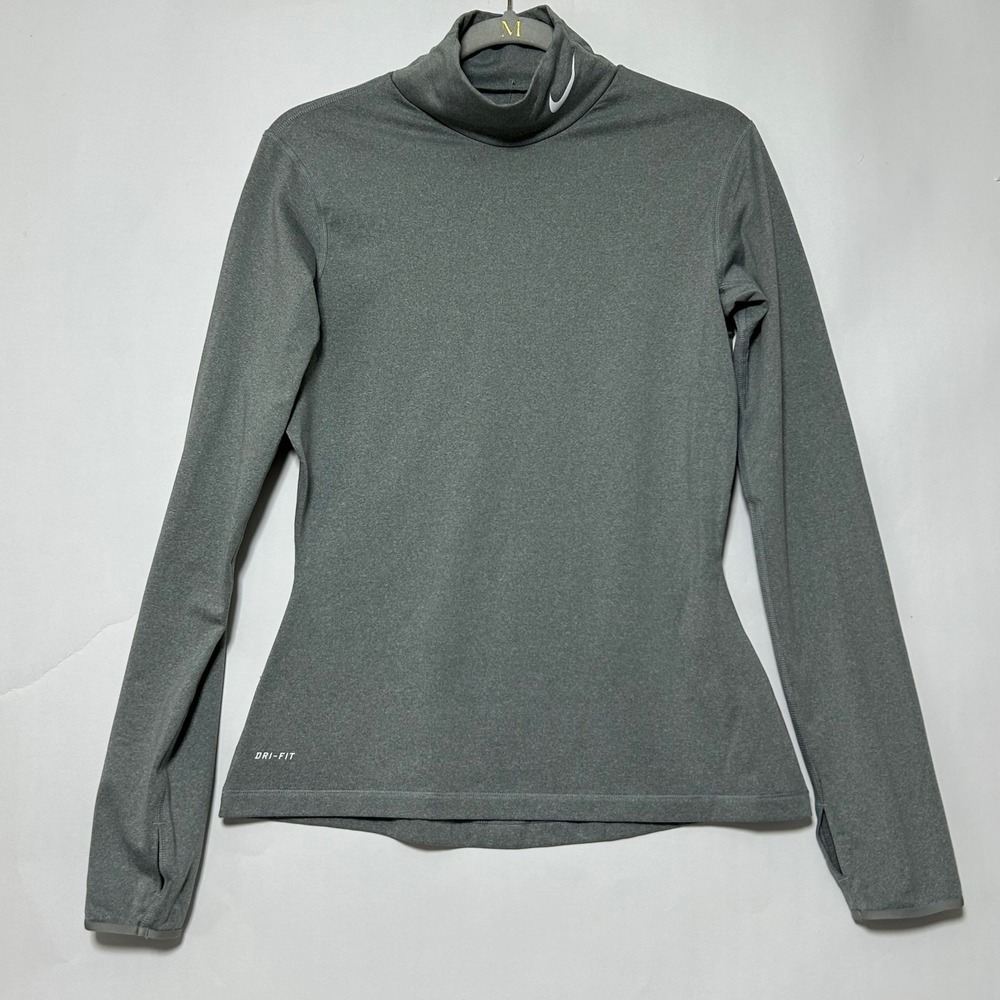 Nike Dri-FIT Mock Neck Top‎ Womens Medium Gray Long Sleeve Thumbhole Athleisure